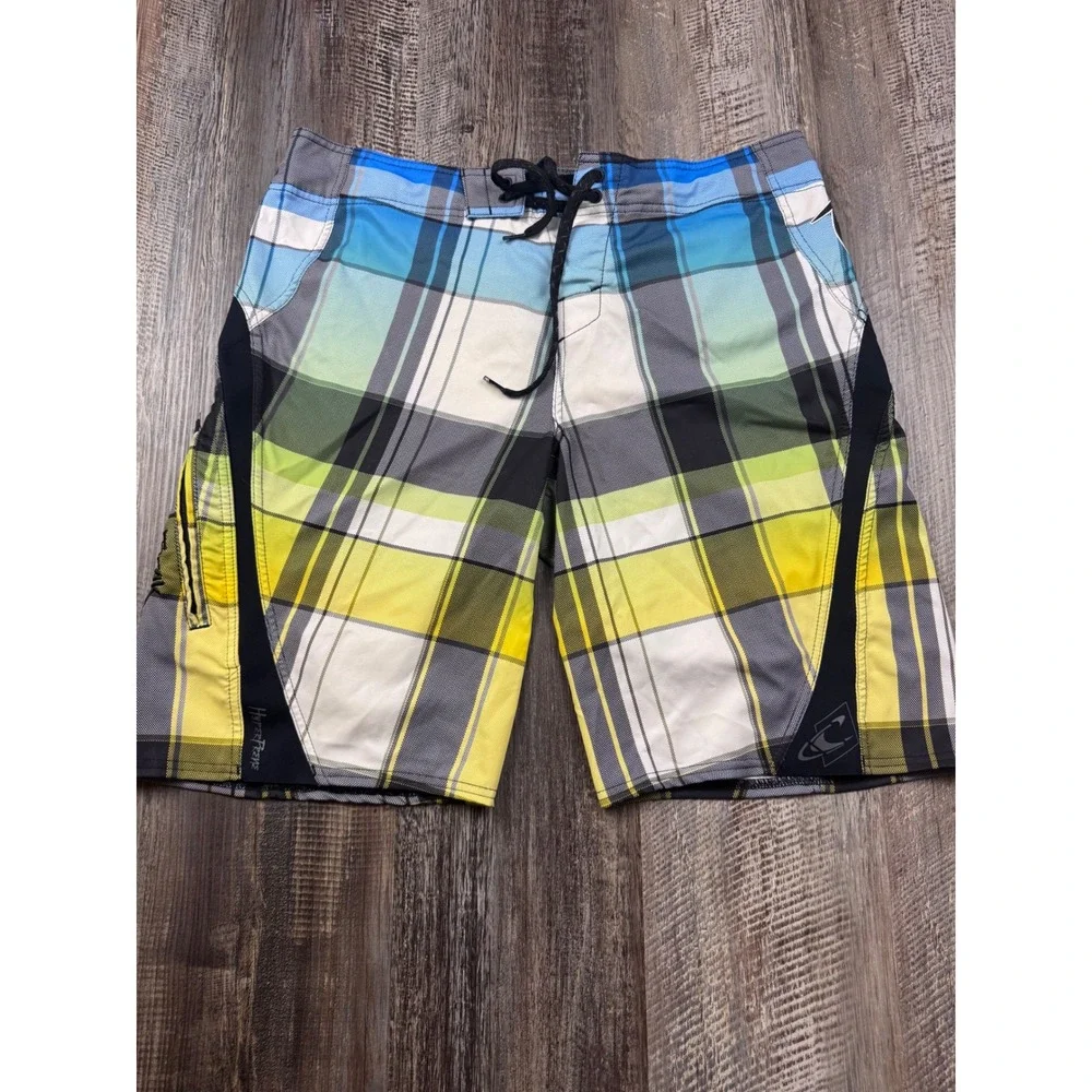 ONeill Superfreak Mens Plaid Board Shorts Blue Yellow Green Size 34 11106412